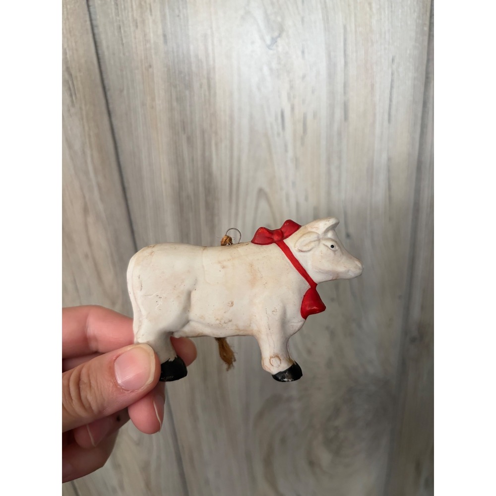 Vintage Ceramic Cow Christmas Ornament White Farmhouse Figurine with Red Bow